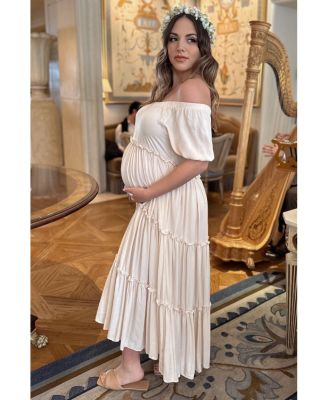 Cream Off Shoulder Ruffle Tiered Maternity Maxi Dress