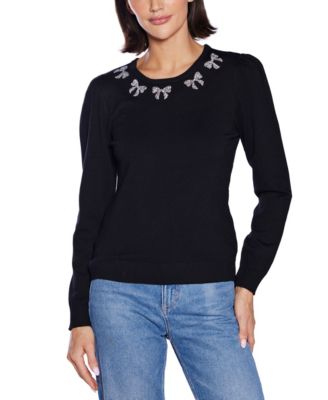  Women's Puff Sleeve Embellished Neckline Sweater