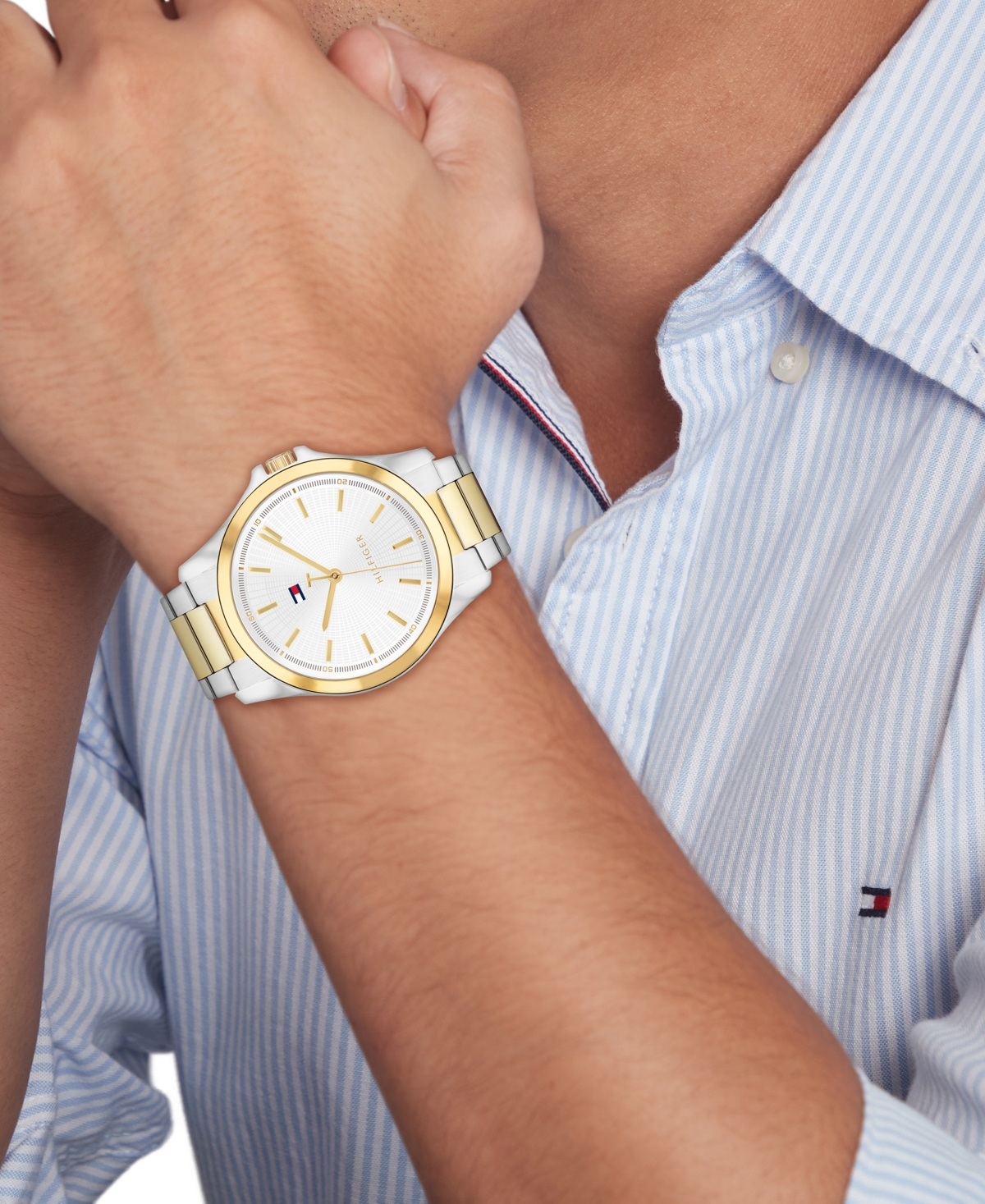 Tommy Hilfiger Men's Quartz Two Tone Stainless Steel Bracelet Watch, 42mm In Gold