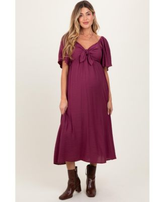 Maternity Plum Front Tie Ruffle Sleeve Maternity Midi Dress