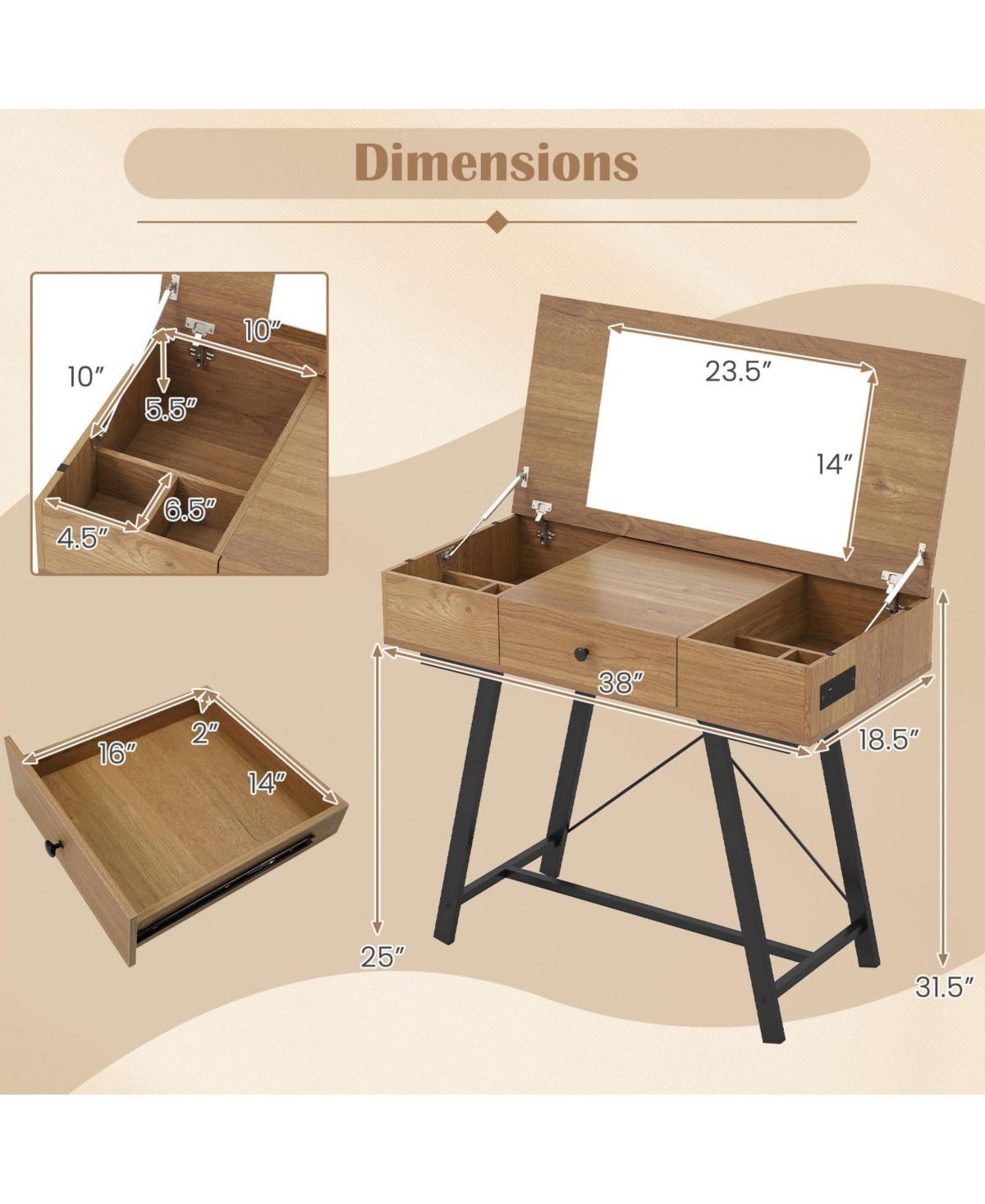 Volenca Vanity Desk with Flip Top Mirror Makeup Dressing Table