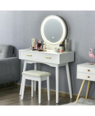 Small Vanity Desk with Mirror and Lights, Makeup Table with 4 Drawers, Vanity Stool, Round Lighted Mirror, 3 Color Modes, Dressing Table Set
