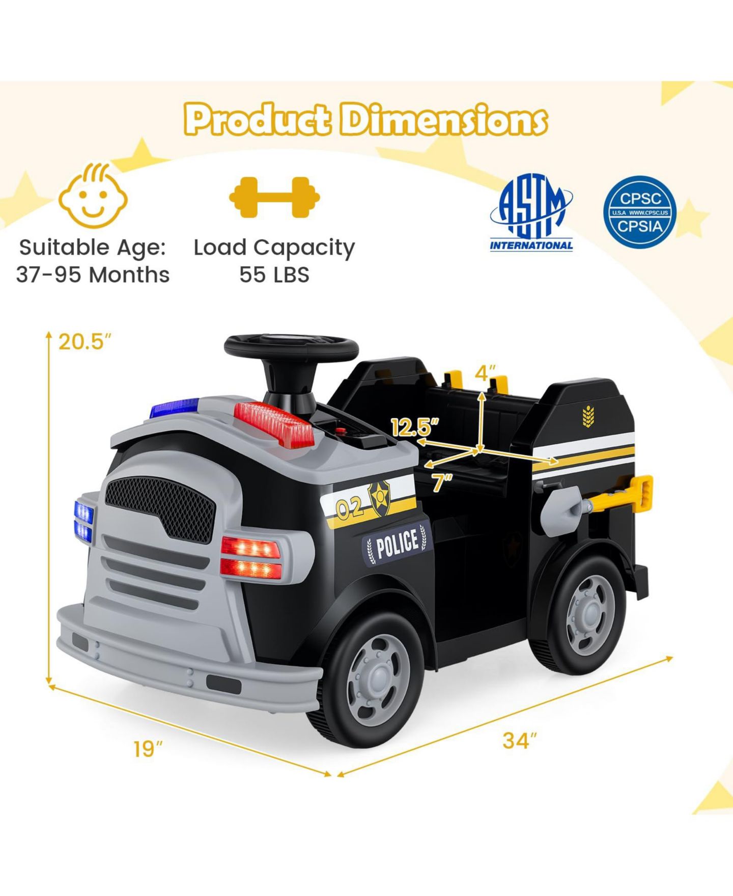 Детская игрушка Mecale Police 12V Electric Ride-On Car, цвет: Чёрный — фото 2