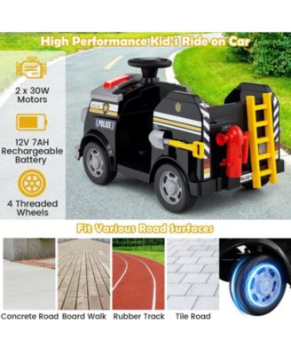 Police Car Ride on, 12V Electric Cop Truck Kids Car w/Shovel & Wrench, Fire Extinguisher, Ladder, Safety Hat, 4 Anti-Slip Wheels, Music, Alarm, Horn, Electric Vehicle Gift for Toddler(Black)