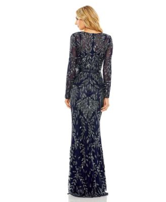 Women's Long Sleeve Illusion Neckline Embellished Gown
