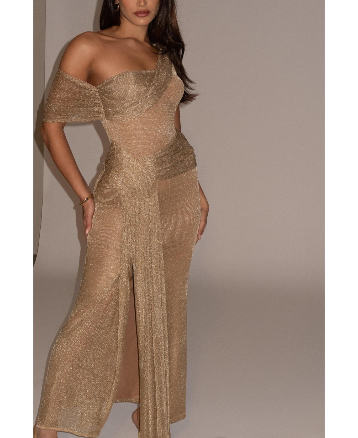 Women's Draped Metallic Maxi Dress