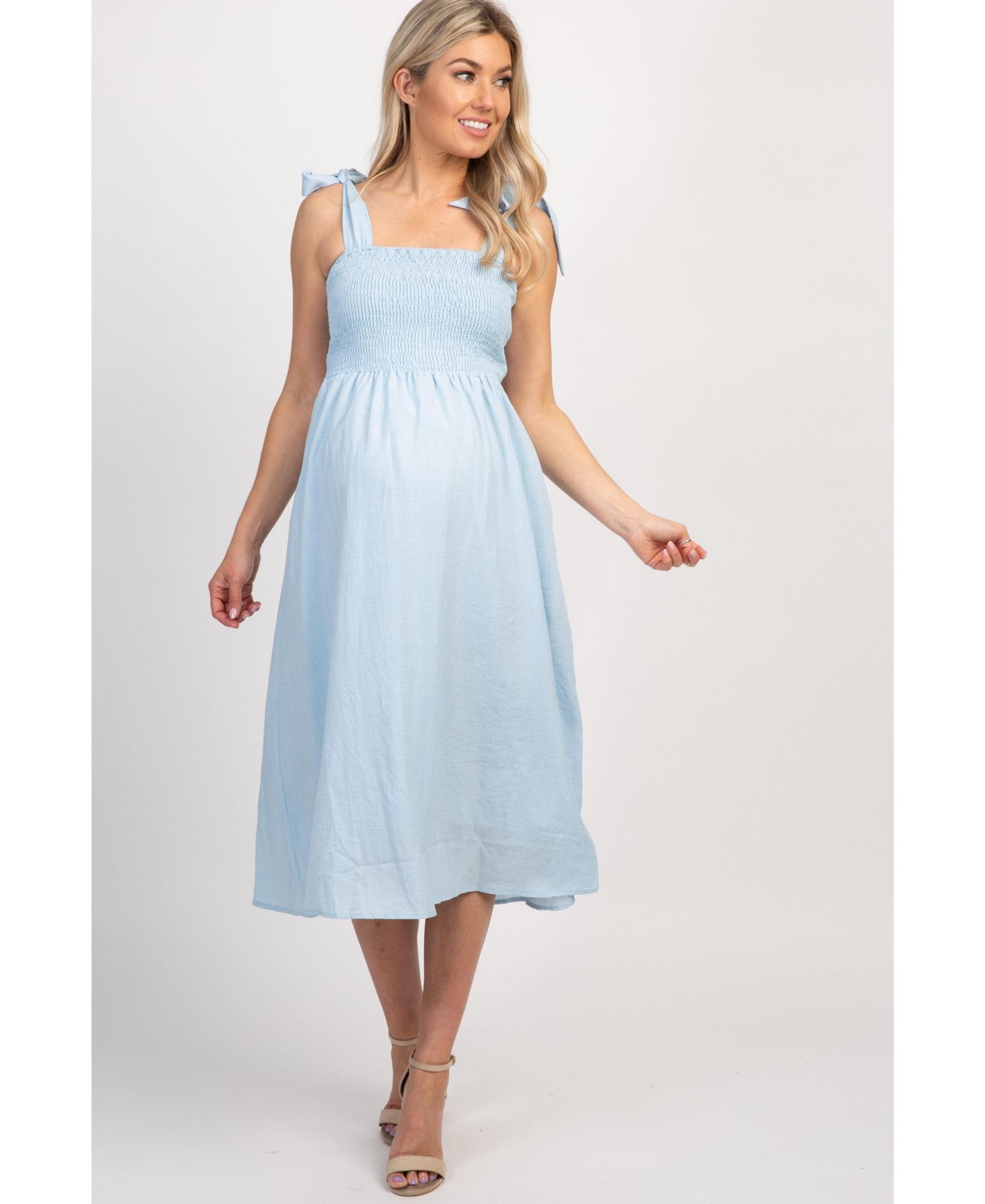 Women's Light Blue Strap Tie Smocked Dress