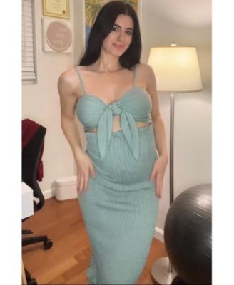 Women's Green Gingham Print Smocked Fitted Self-Tie Maternity Midi Dress