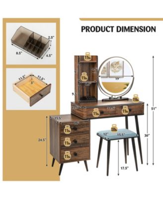 2-Pc. Wood 3-Color Lighted Mirror Vanity Table Set with Cushioned Stool