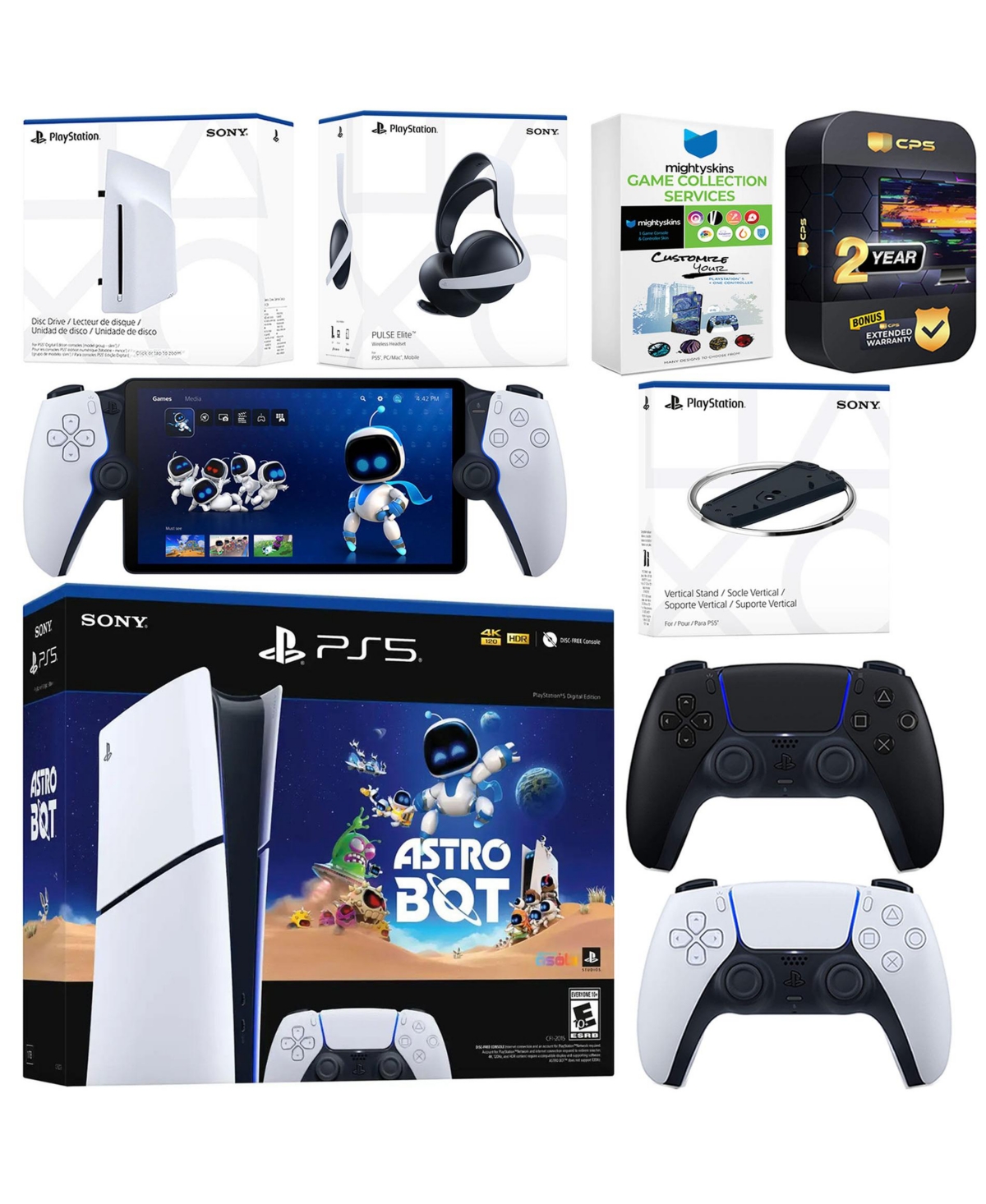 Sony PlayStation 5 Astro Bot Slim Digital Bundle with Disc Drive, Pulse Elite Headset, Extra Controller, Portal, Vertical Stand