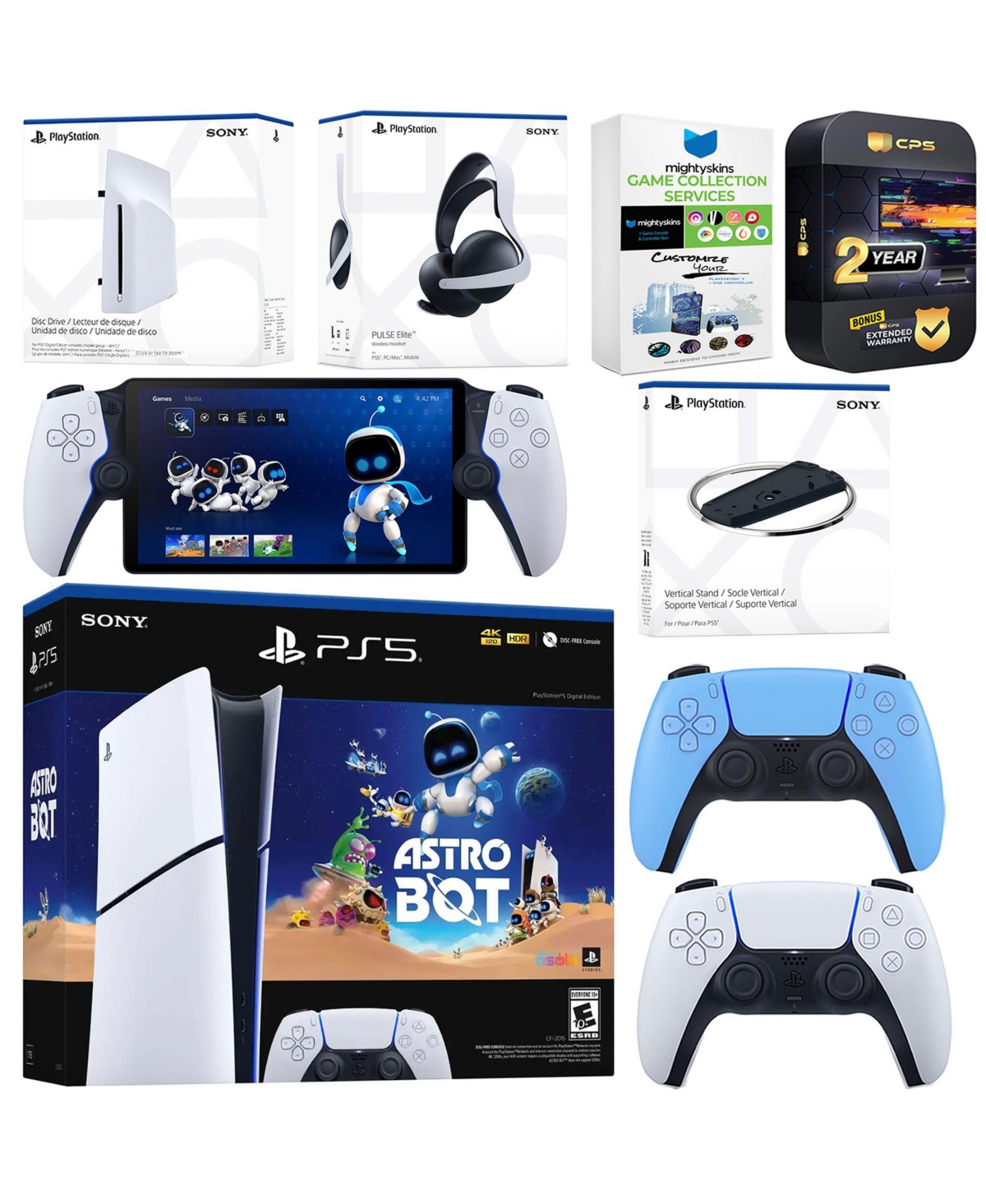 Sony PlayStation 5 Astro Bot Slim Digital Bundle with Disc Drive, Pulse Elite Headset, Extra Controller, PlayStation Portal, Vertical Stand, MightySki