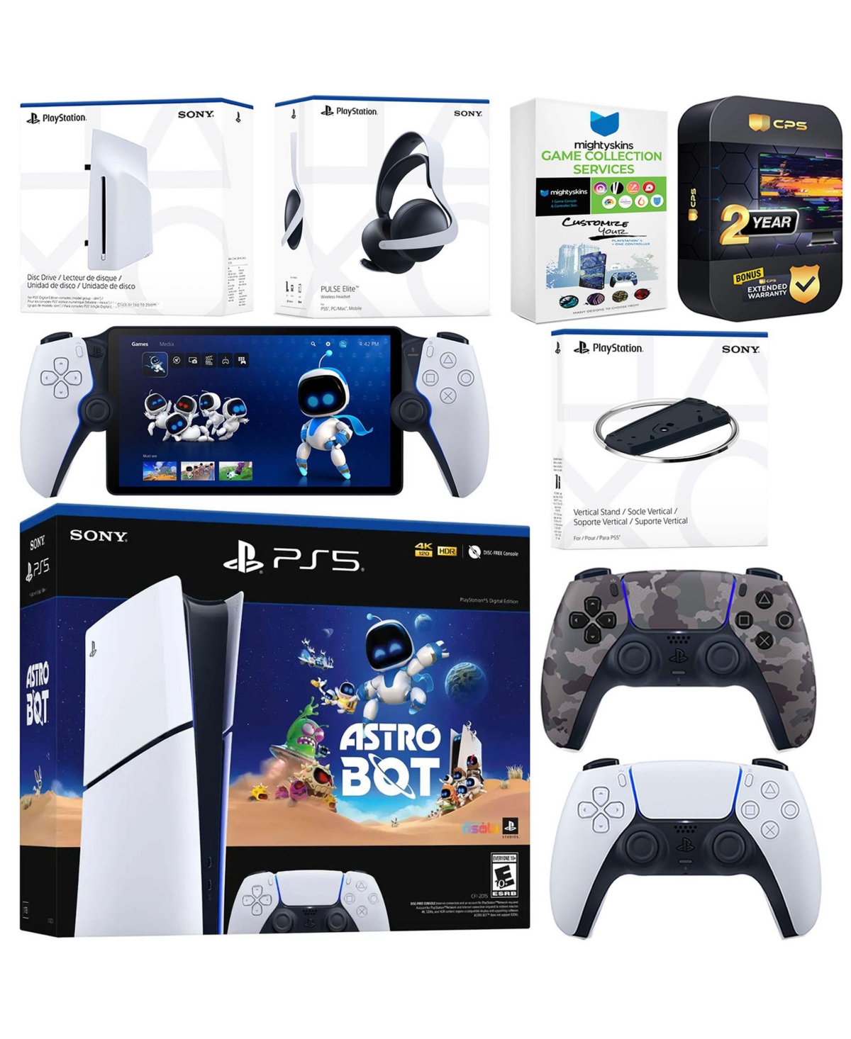 Sony PlayStation 5 Astro Bot Slim Digital Bundle with Disc Drive, Pulse Elite Headset, Extra Controller, PlayStation Portal, Vertical Stand, MightySki