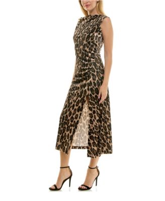 Women's Cowl Neck Animal-Print Ruched Velvet Dress