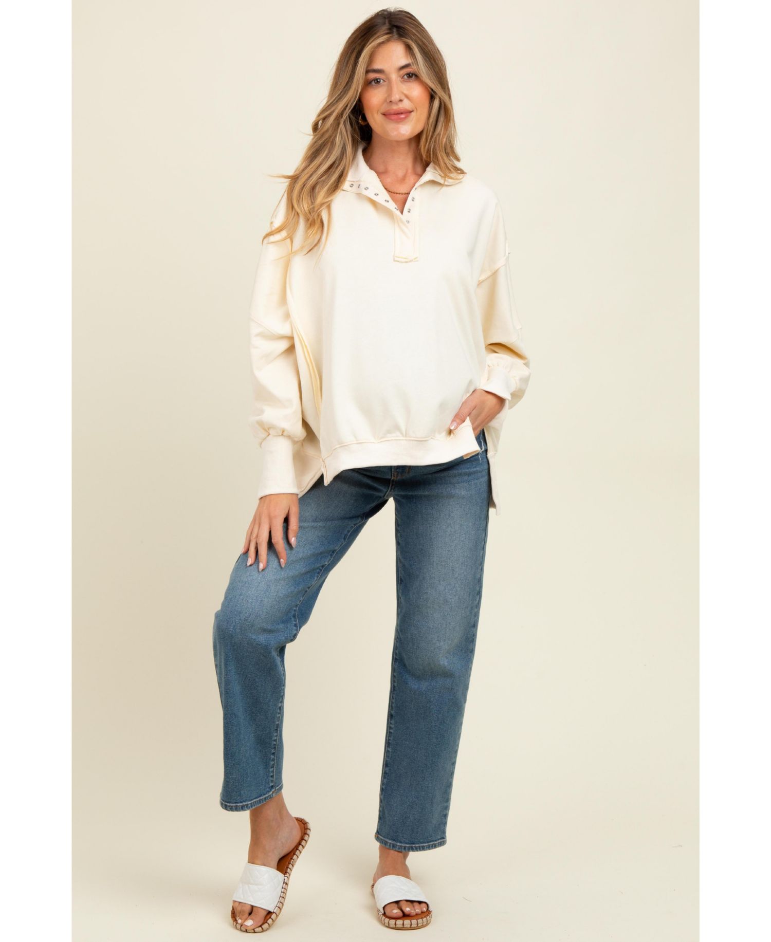 Women's Cream Snap Button Pullover Henley Sweatshirt