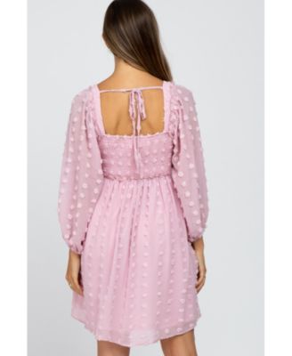 Maternity Pink Textured Dot Smocked Square Neck Chiffon Dress