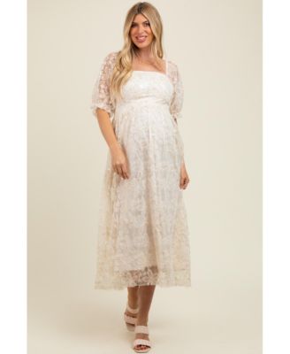 Women's Cream Floral Mesh Overlay Tie Back Maternity Midi Dress