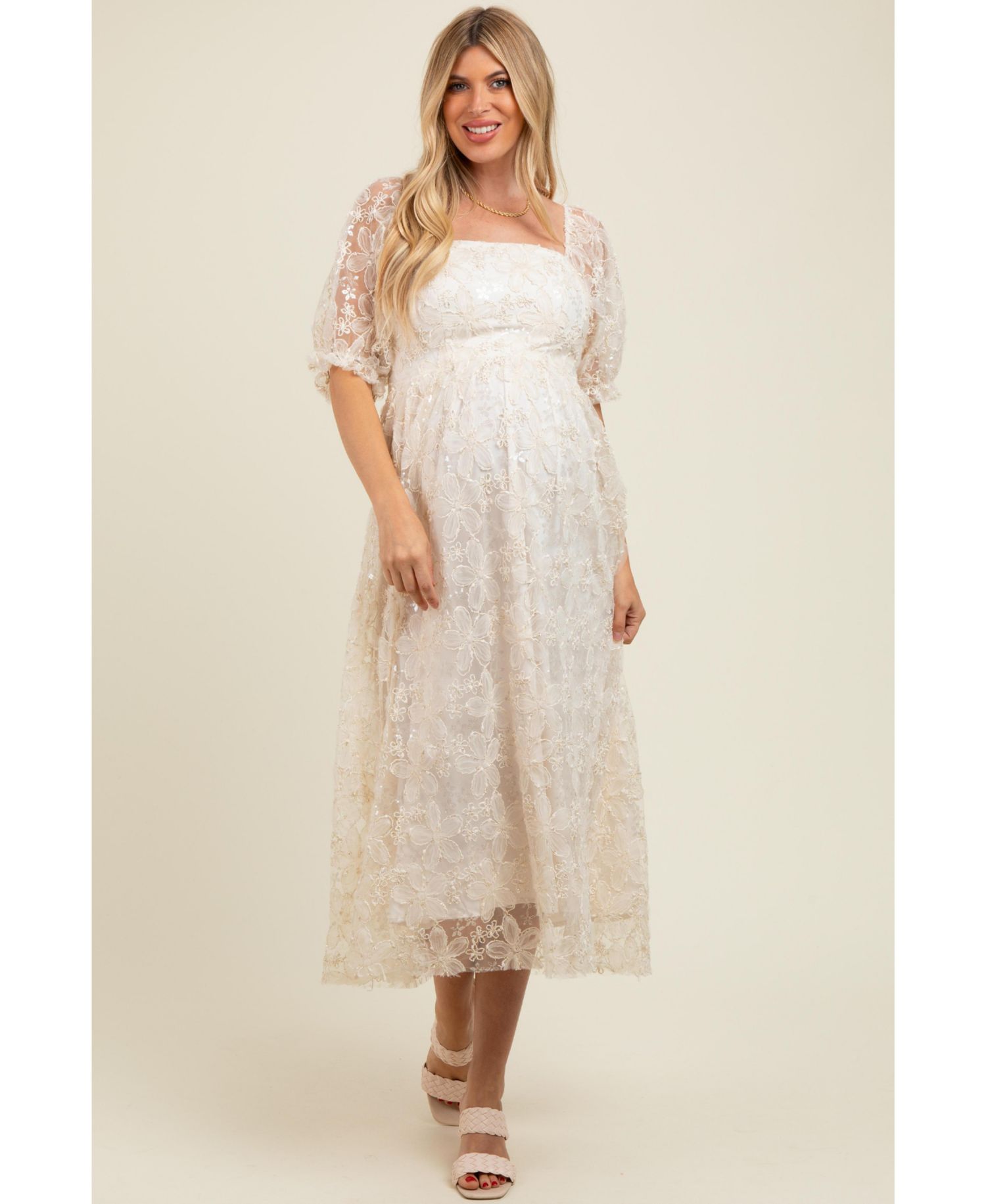 Women's Cream Floral Mesh Overlay Tie Back Midi Dress