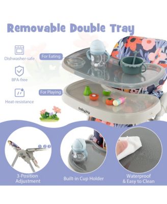 Baby High Chair w/ 7 Height & 3 Footrest Adjustable Cup holder 2 Wheels Flower