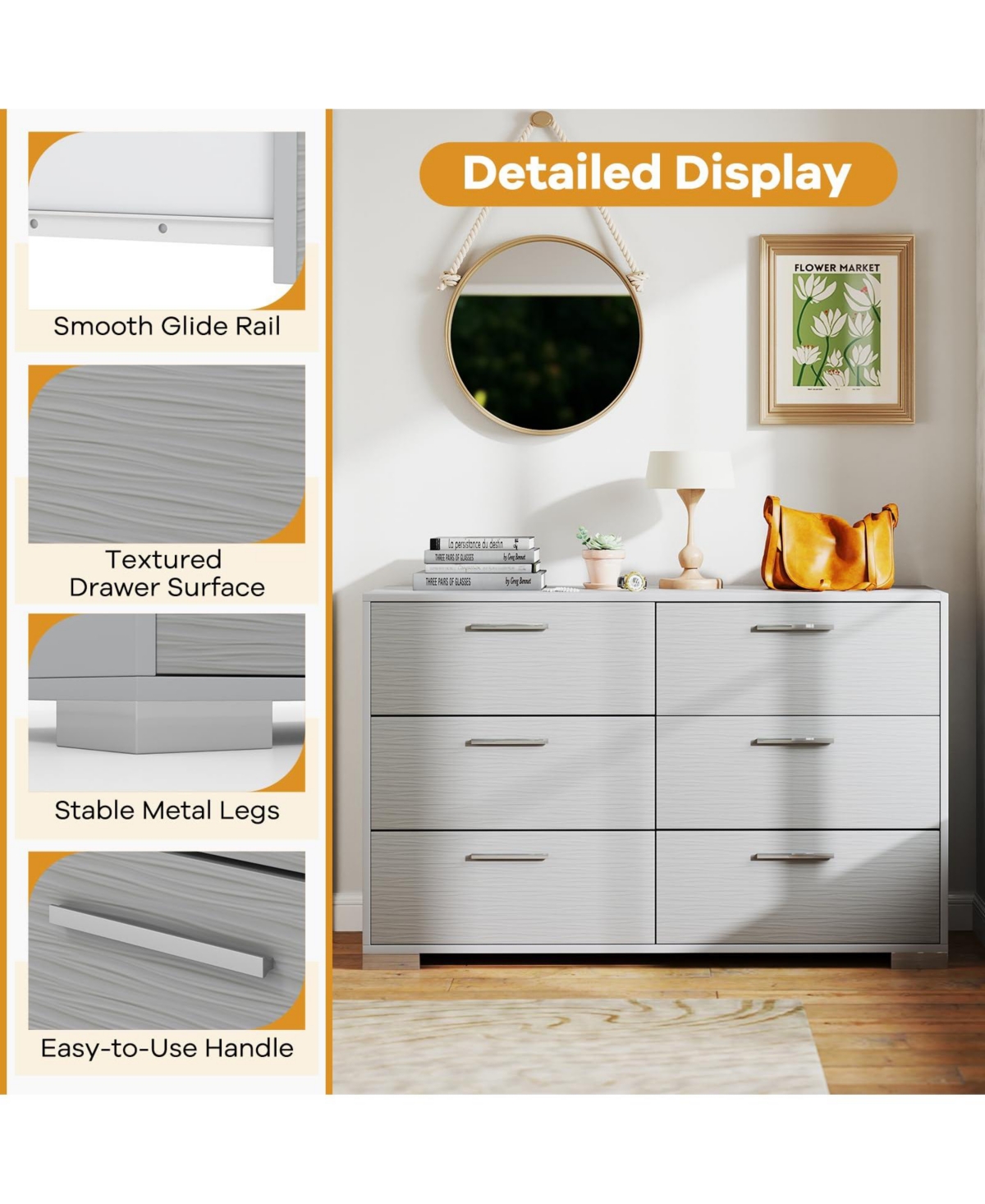 Volenca 6 Drawer Storage Cabinet with Metal Legs Handles with Anti-Toppling Devices