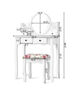 360° Rotatable Mirror, Waterproof Surface & 4-Drawer Storage Vanity Table Set Includes Floral Stool