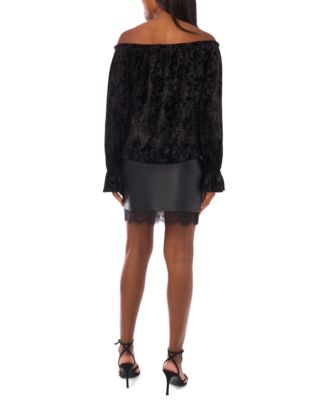 Women's Velvet Ruffle Neck Off-the-Shoulder Bell-Sleeve Top