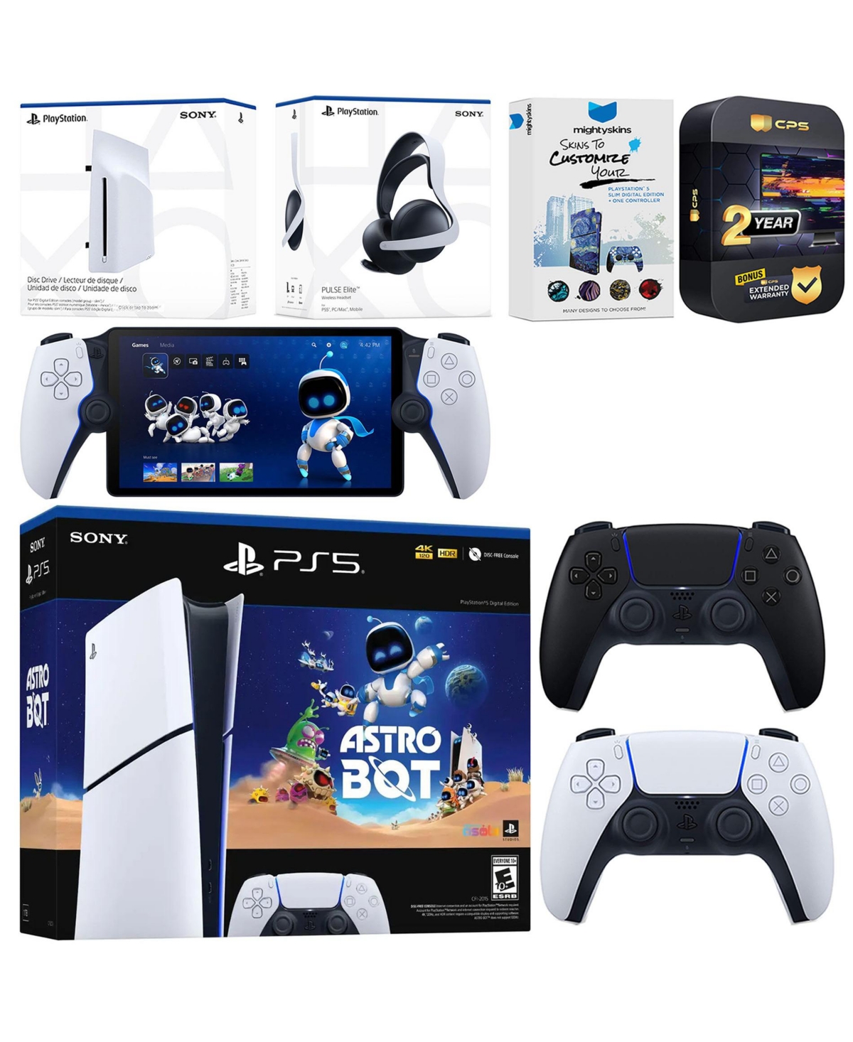 Sony PlayStation 5 Astro Bot Slim Digital Bundle with Disc Drive, Pulse Elite Headset, Extra Controller, Portal