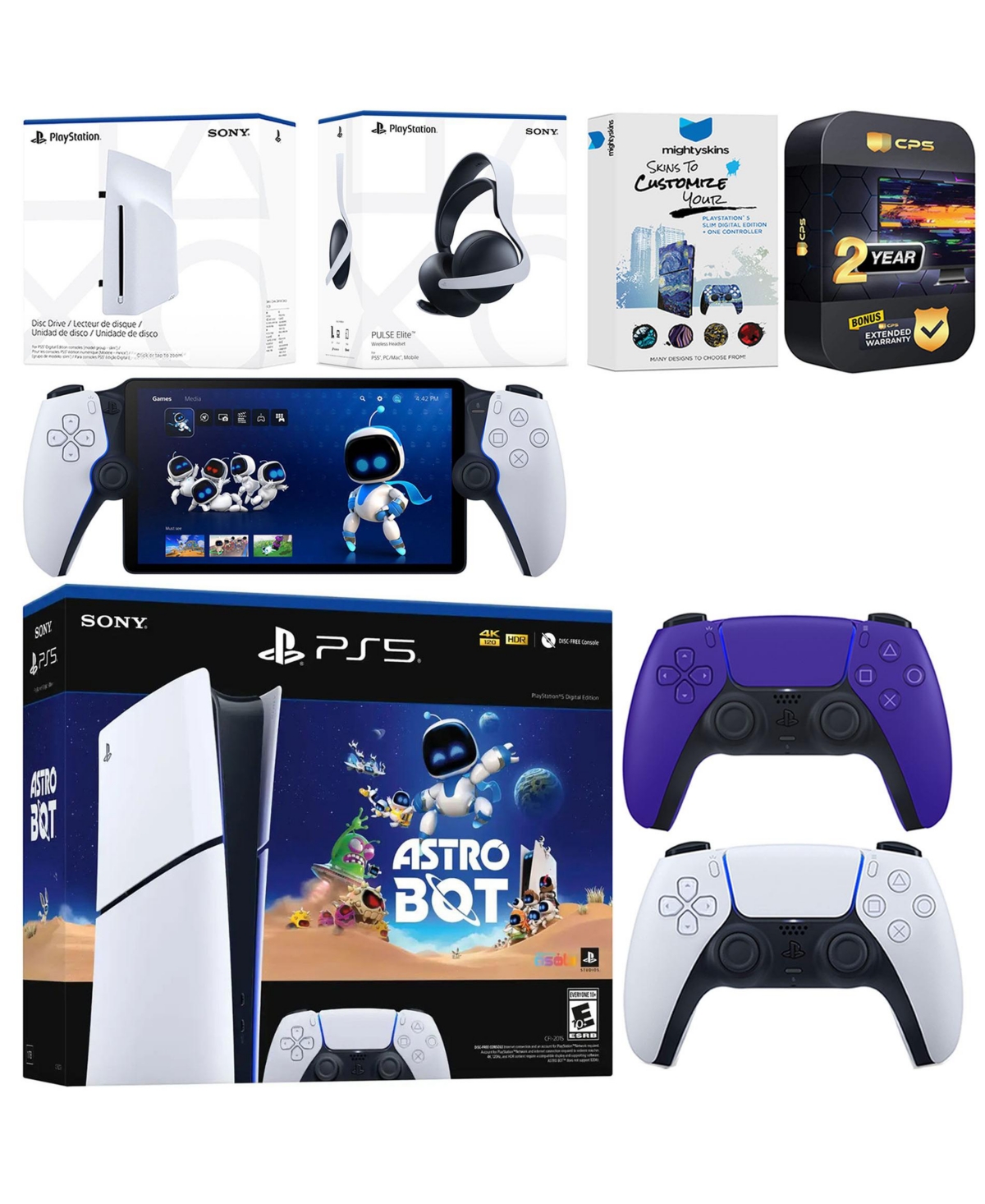Sony PlayStation 5 Astro Bot Slim Digital Bundle with Disc Drive, Pulse Elite Headset, Extra Controller, PlayStation Portal, MightySkins Voucher and 2