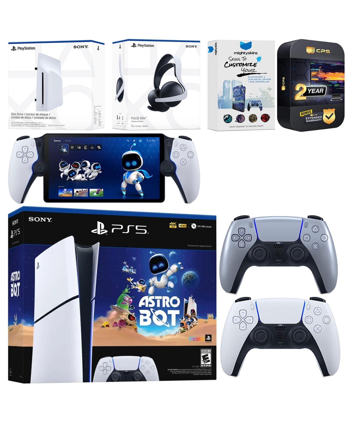 Sony PlayStation 5 Astro Bot Slim Digital Bundle with Disc Drive, Pulse Elite Headset, Extra Controller, PlayStation Portal, MightySkins Voucher and 2