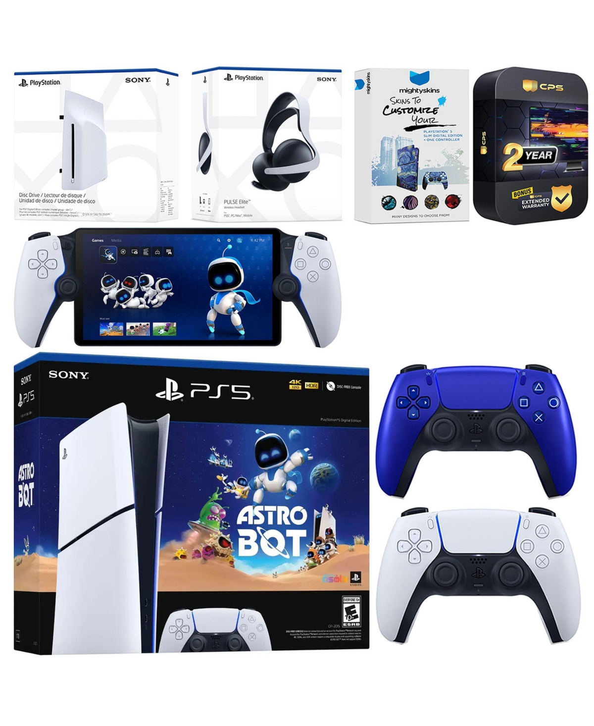 Sony PlayStation 5 Astro Bot Slim Digital Bundle with Disc Drive, Pulse Elite Headset, Extra Controller, PlayStation Portal, MightySkins Voucher and 2