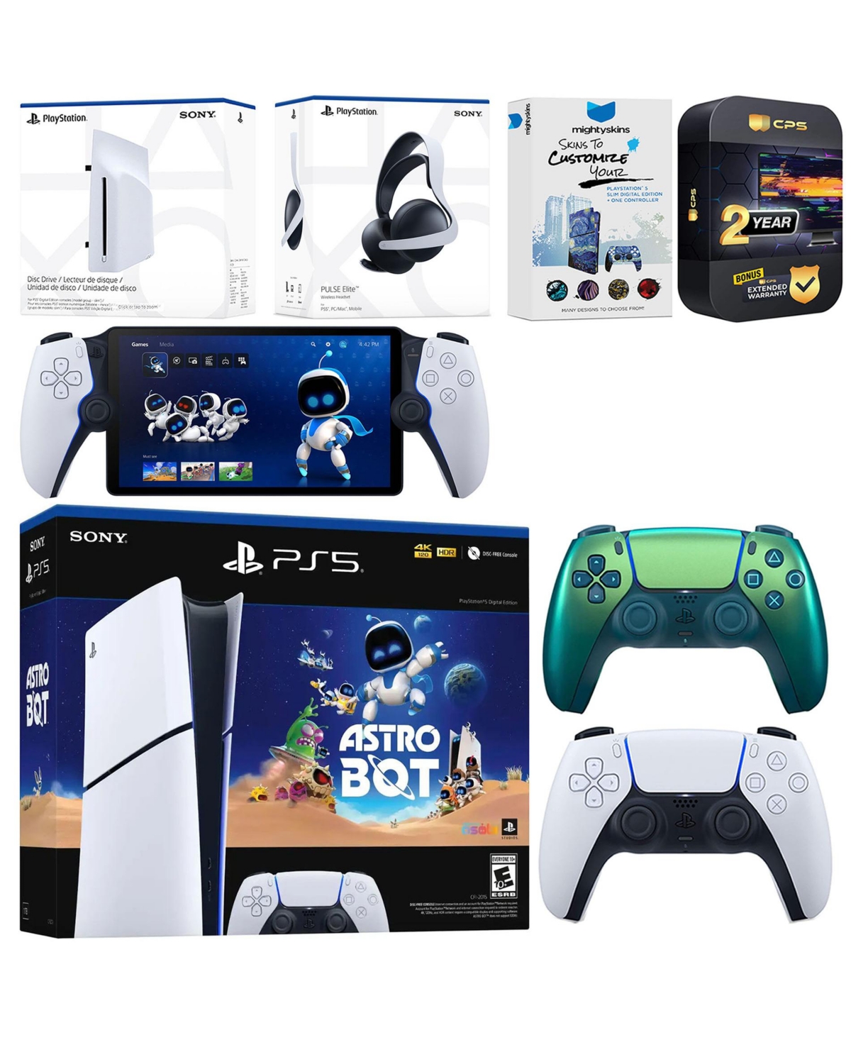 Sony PlayStation 5 Astro Bot Slim Digital Bundle with Disc Drive, Pulse Elite Headset, Extra Controller, PlayStation Portal, MightySkins Voucher and 2