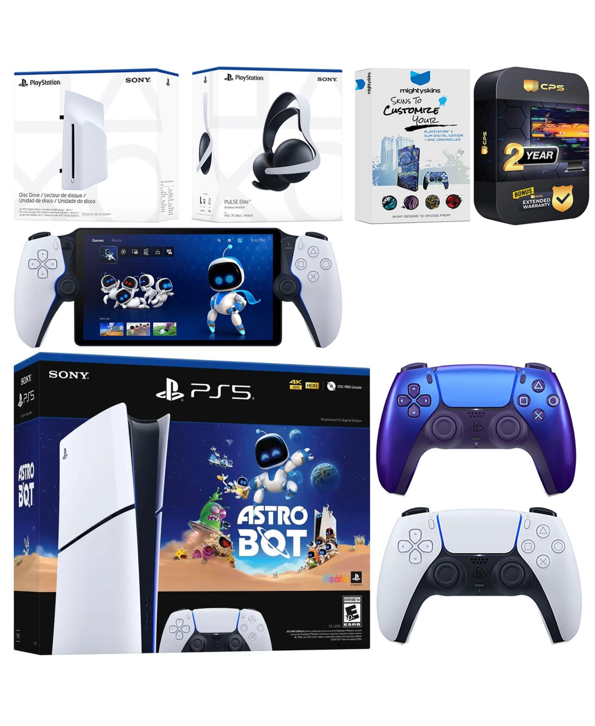 Sony PlayStation 5 Astro Bot Slim Digital Bundle with Disc Drive, Pulse Elite Headset, Extra Controller, Portal