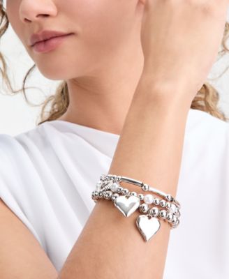 3-Pc. Set Pav&eacute; Heart Imitation Pearl Beaded Stretch Bracelets