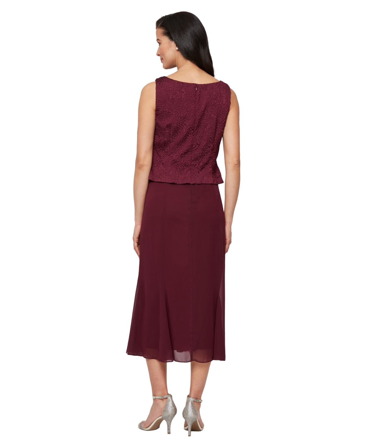 Alex Evenings Petite Tea-length Textured Jacquard Dress And Jacket In Burgundy