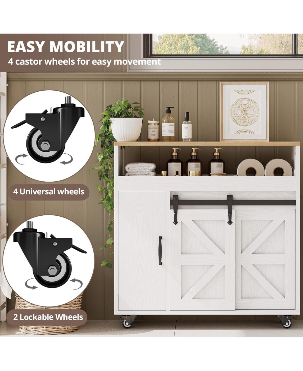 Ironck Toilet Paper Cabinet with Rolling Wheels, Paper Holes, White/Natural