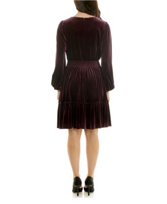 Women's V-Neck Smocked-Waist Long-Sleeve Velvet Dress