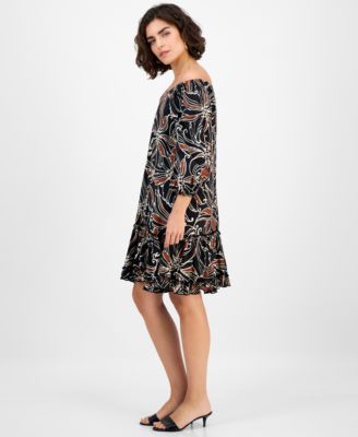 Women's Square-Neck Ruffle-Trim 3/4-Sleeve Dress