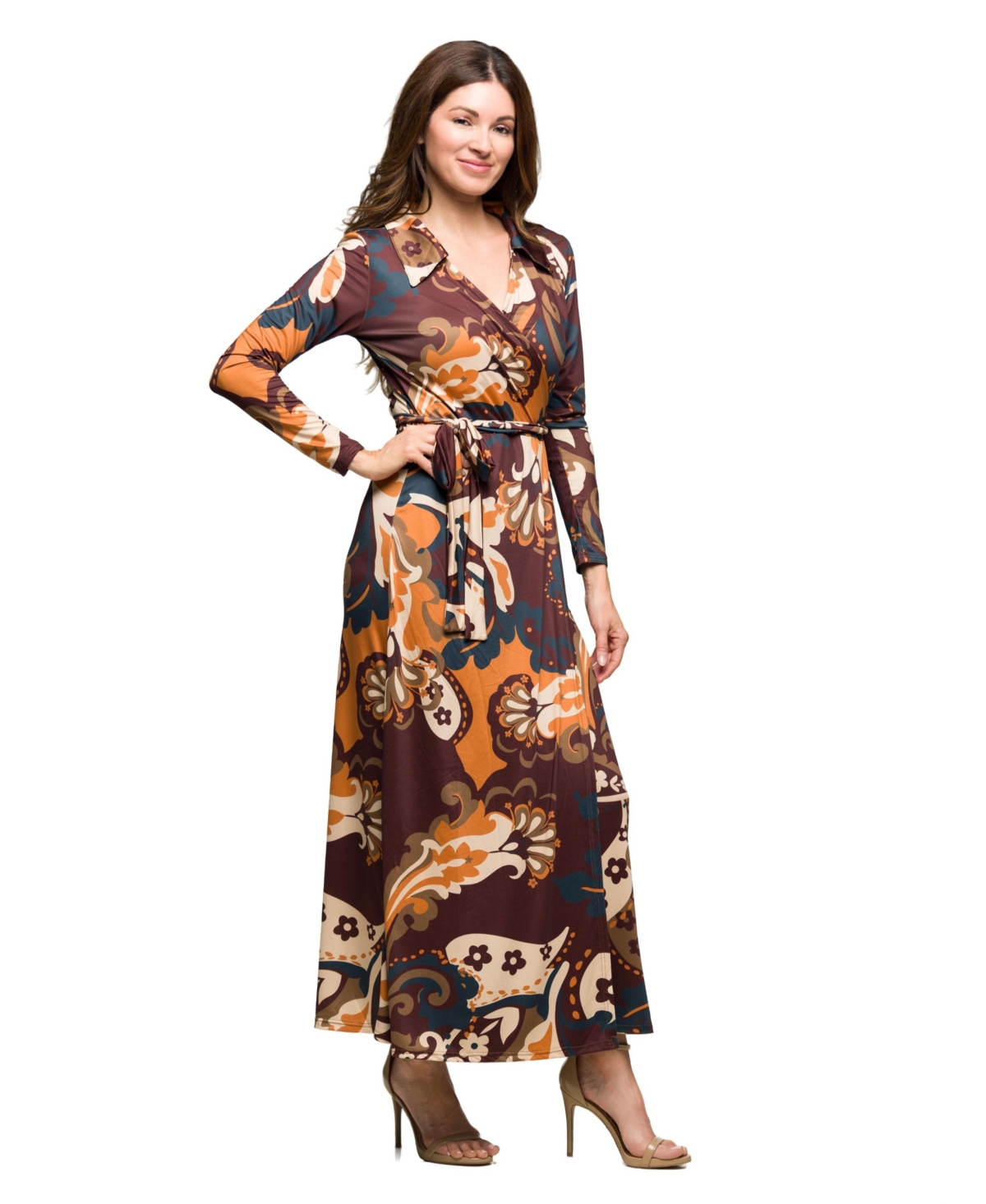 24seven Comfort Apparel Paisley Empire Waist Maxi Dress In Brown