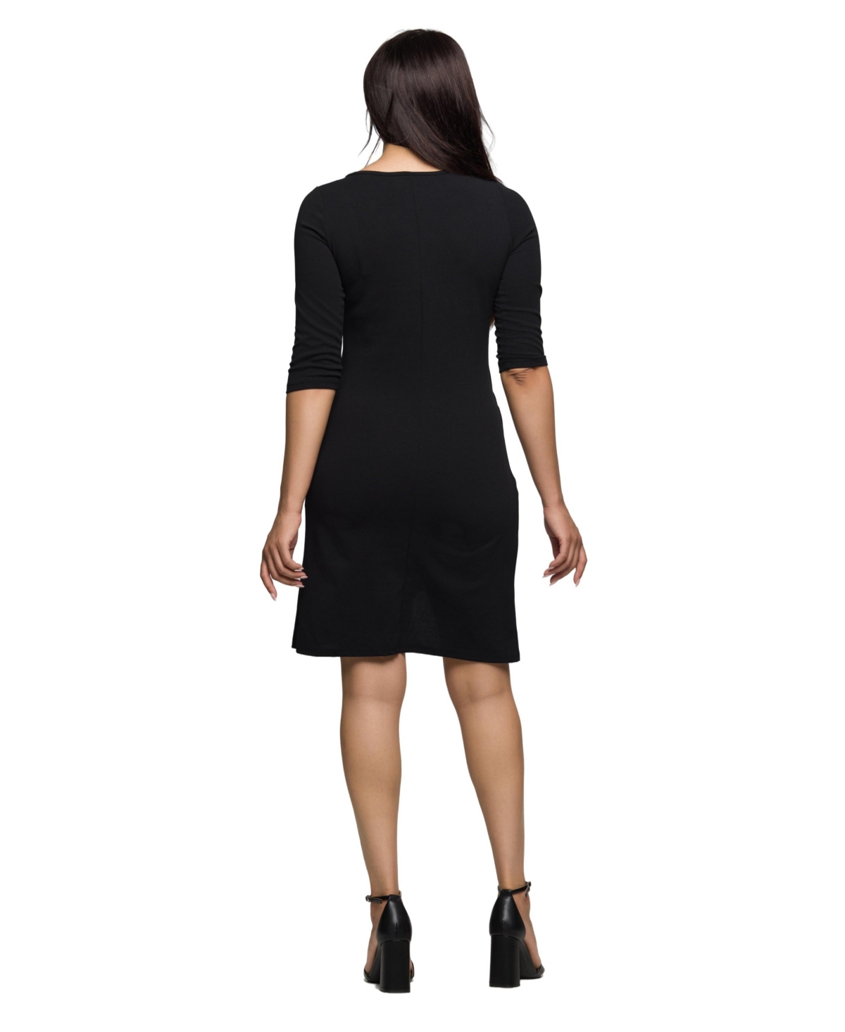 24seven Comfort Apparel Three Quarter Sleeve Ruched Tulip Hem Mini Dress In Black
