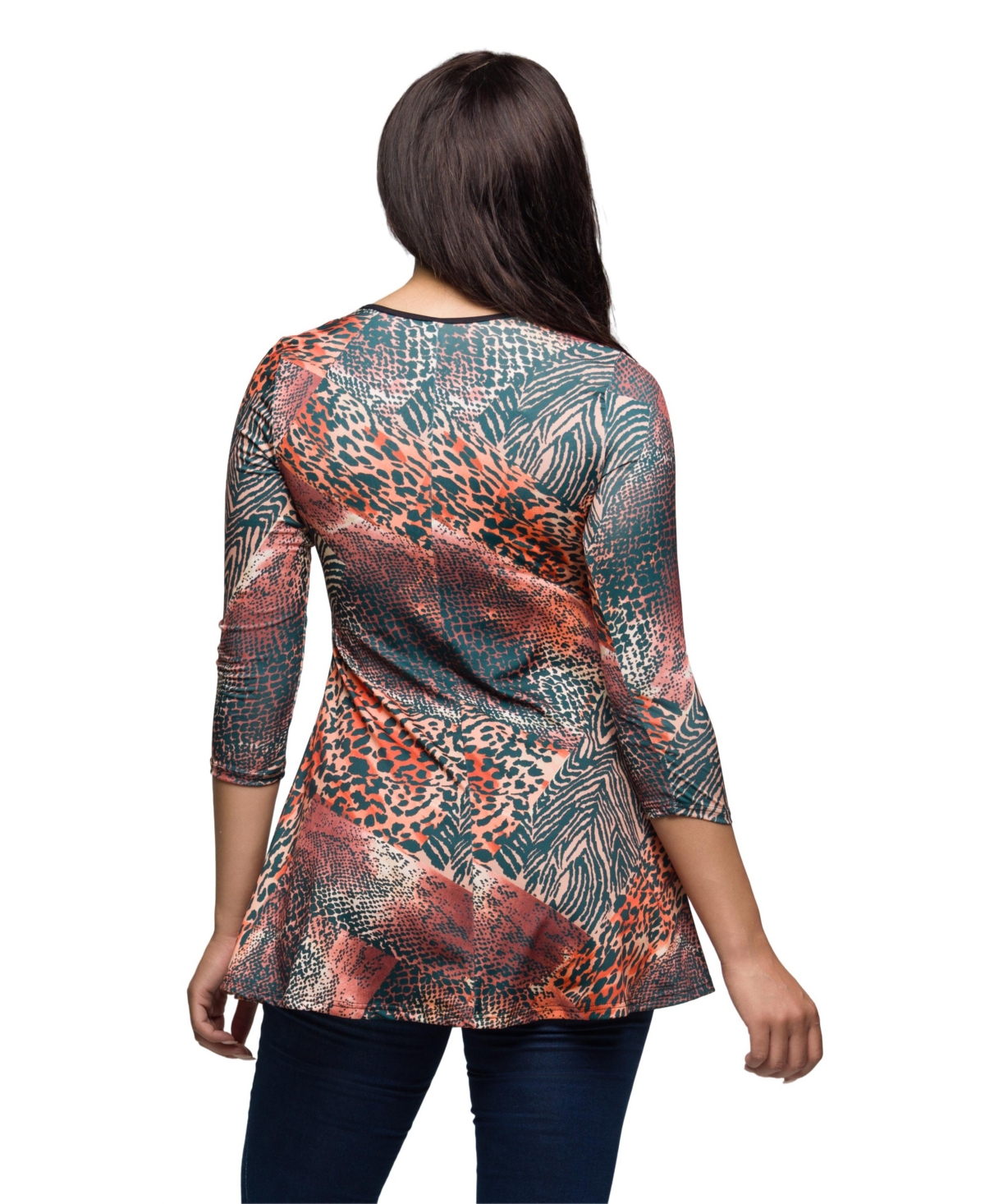24seven Comfort Apparel Animal Print V-neck Three Quarter Sleeve Tunic Top In Multi