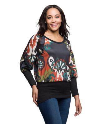 Women's Paisley Multicolor Print Dolman Sleeve Banded Top