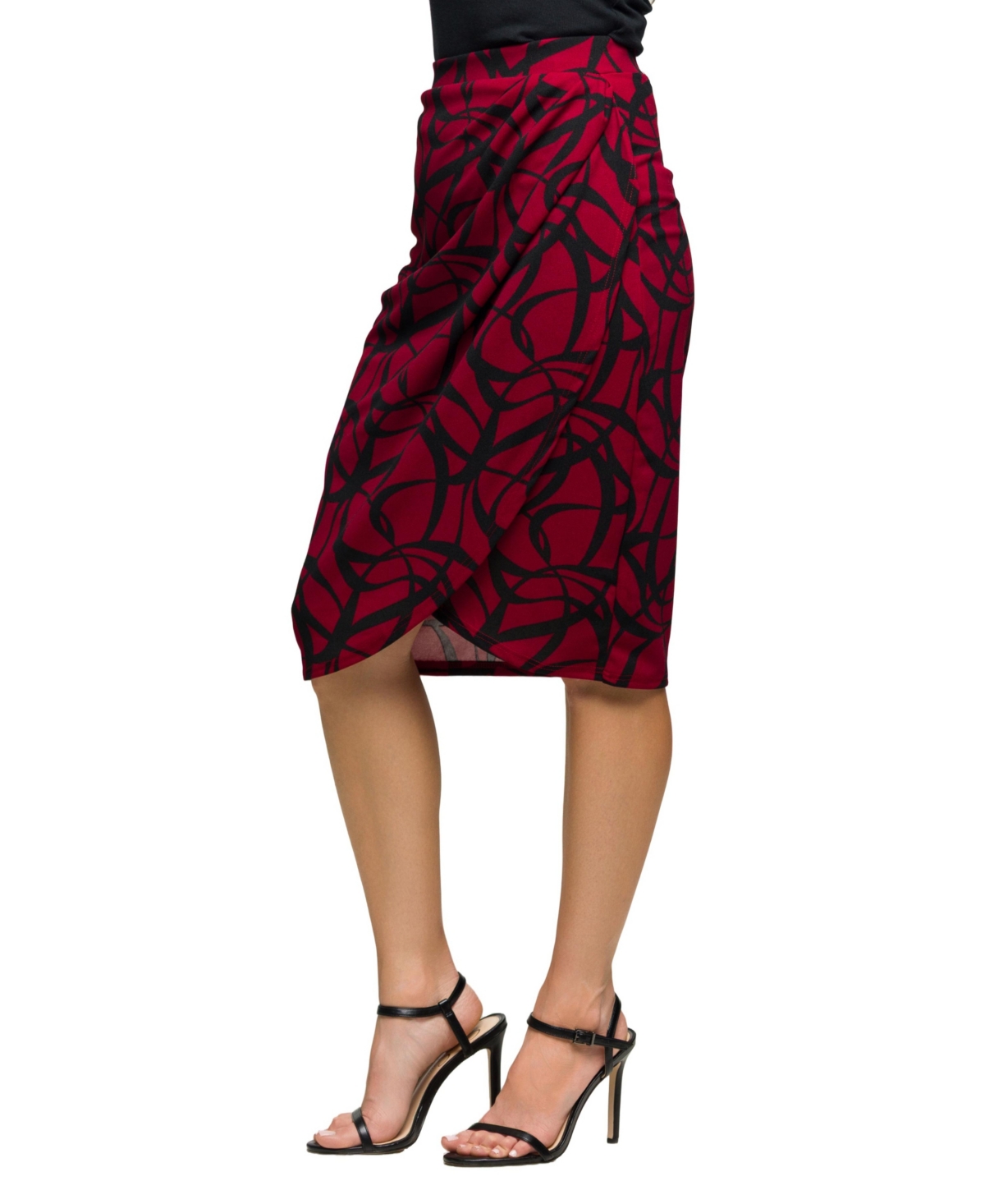 24seven Comfort Apparel Plus Size Burgundy Print Ruched Knee Length Skirt In Red