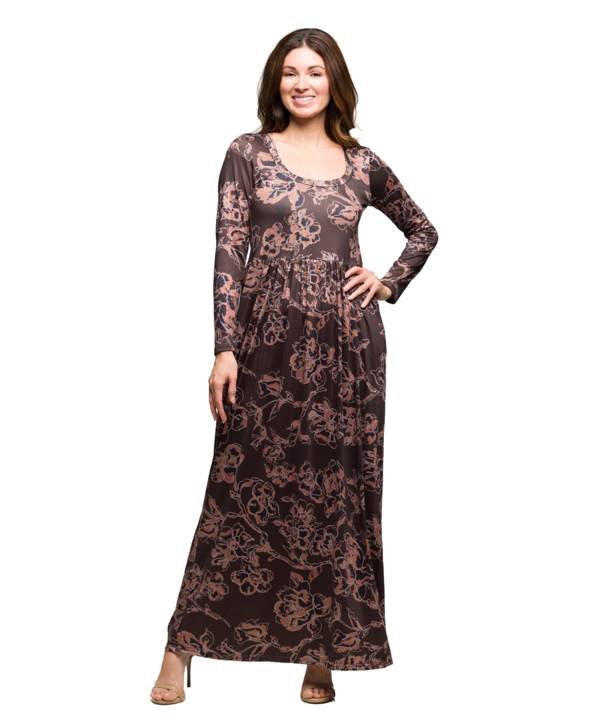 24seven Comfort Apparel Floral Long Sleeve Scoop Neck Maxi Dress In Multi