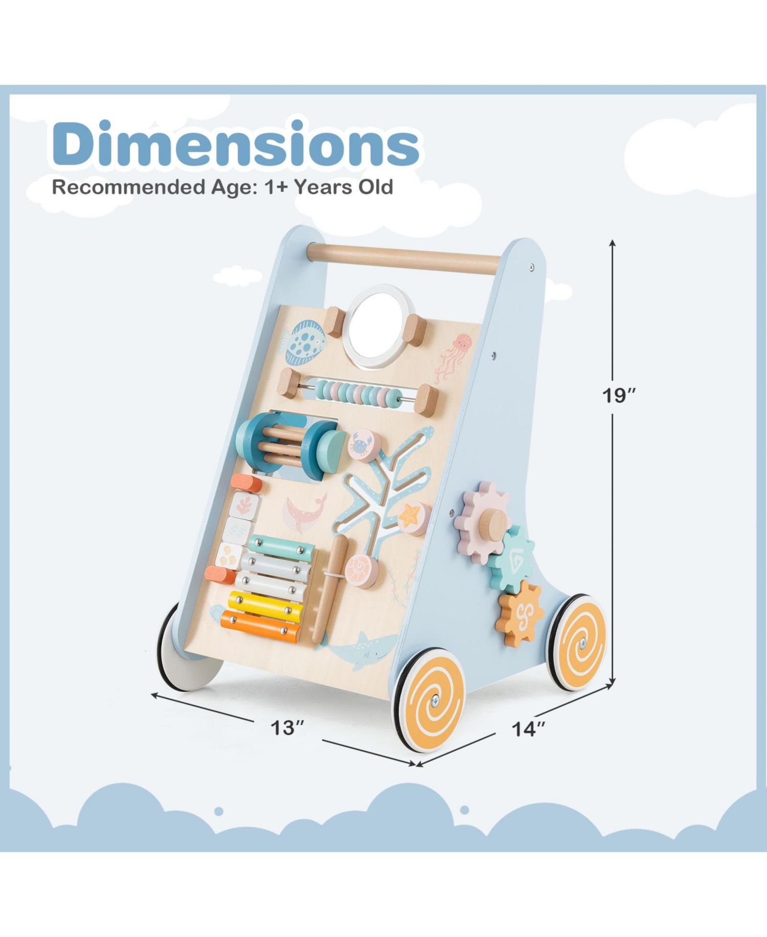 Wooden Baby Walker Sit to Stand Walker w/ Wheels Push and Pull Learning Activity Center
