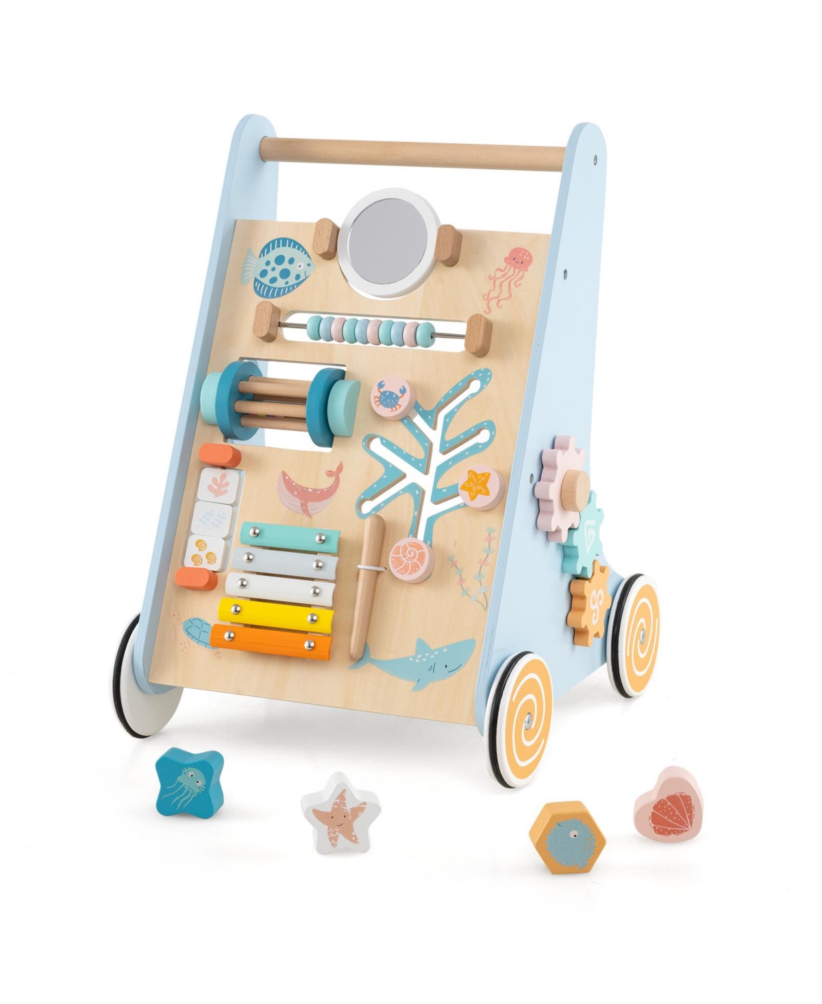 Gymax Wooden Baby Walker Sit to Stand Walker w/ Wheels Push & Pull Learning Activity Center