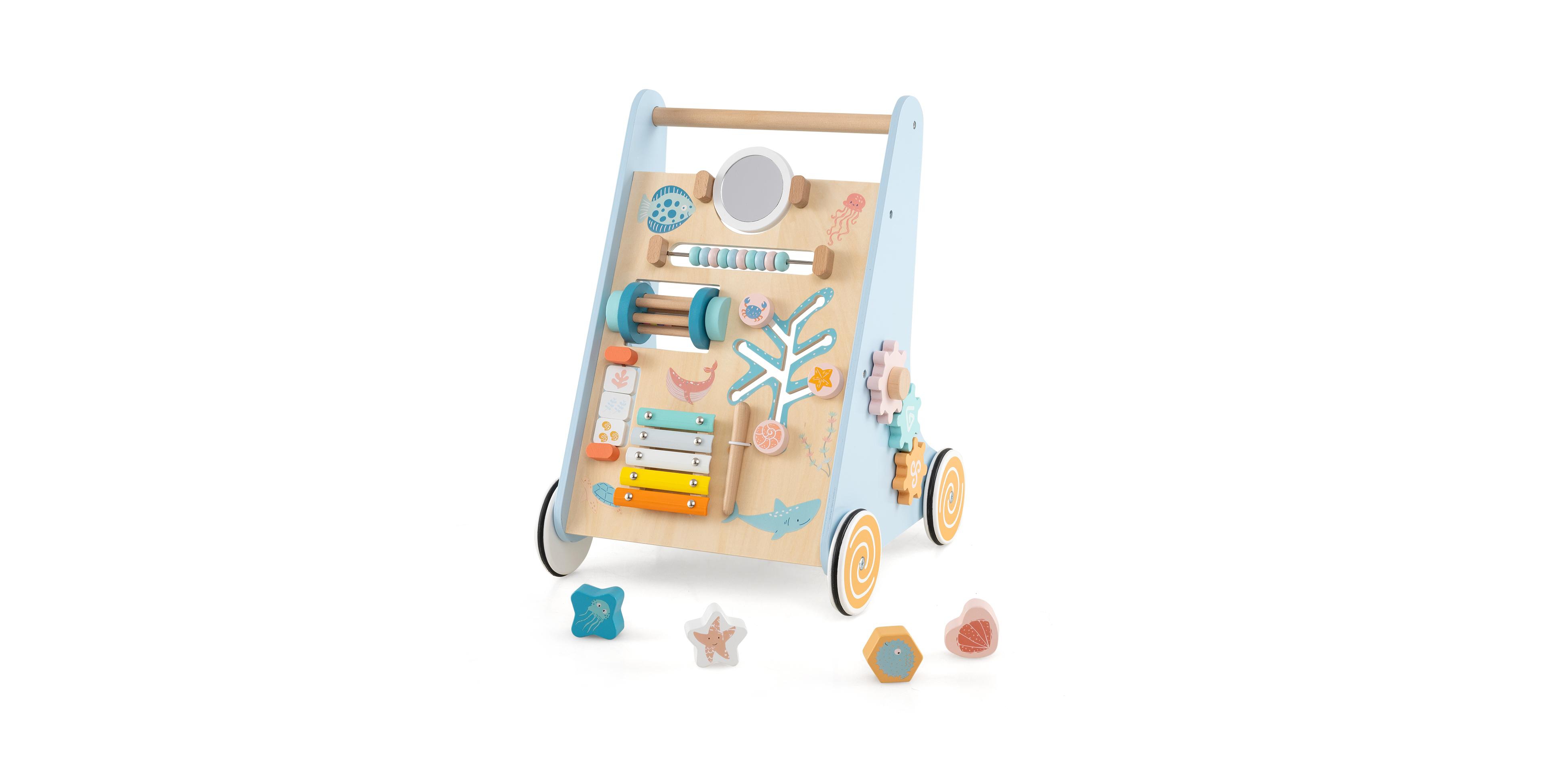 Gymax Wooden Baby Walker Sit to Stand Walker w/ Wheels Push & Pull Learning Activity Center