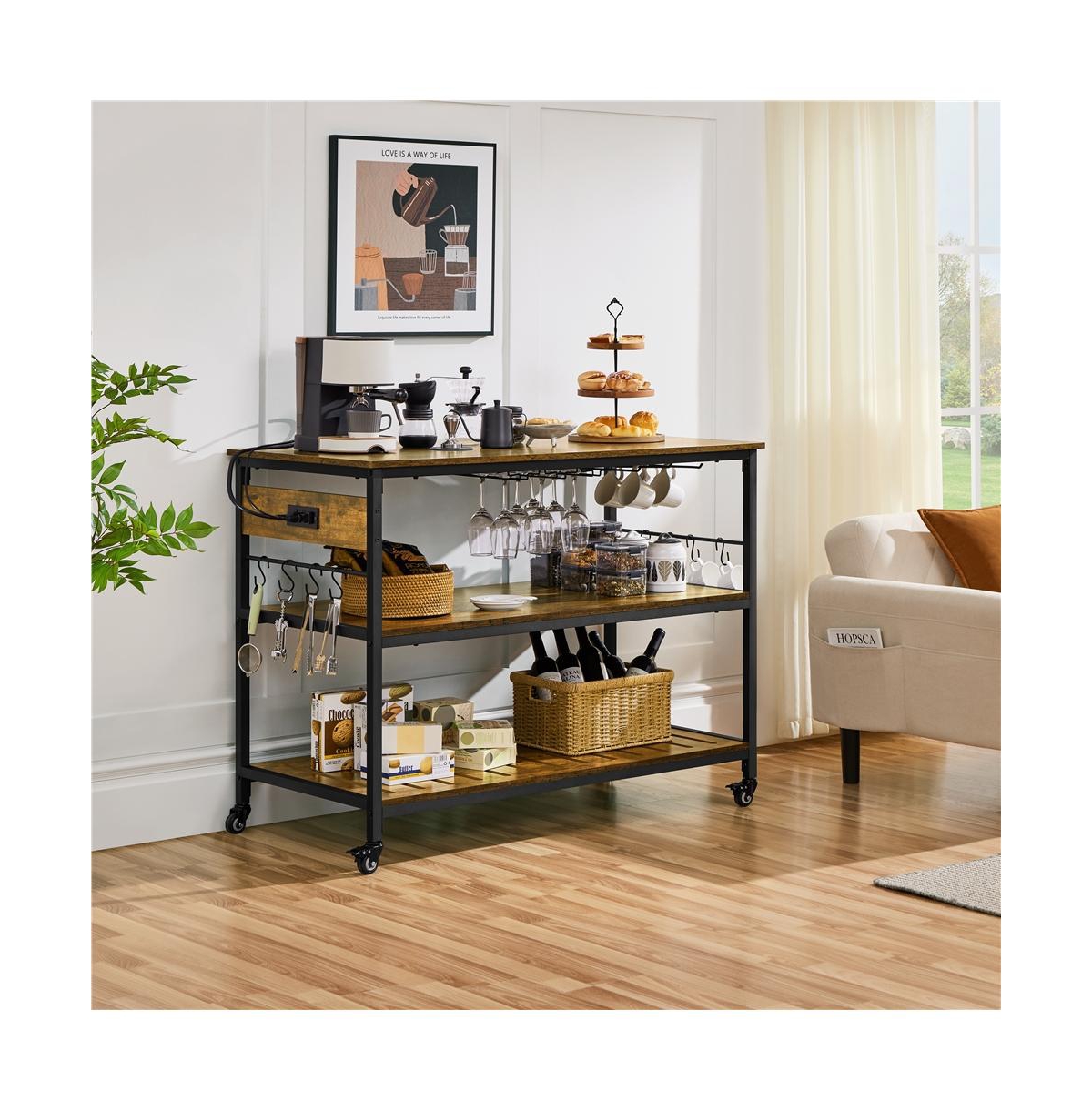 Yaheetech 36” H Rolling Kitchen Island Cart with Charge Station Rustic Brown