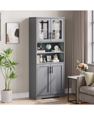 67" Tall Storage Cabinet, Tall Bathroom Cabinet with Glass Doors and Adjustable Shelves