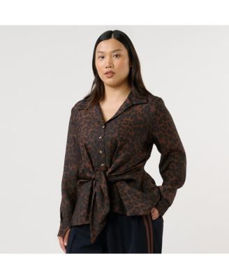 Plus Size Leona Leopard V-Neck Button Tie-Front Shirt