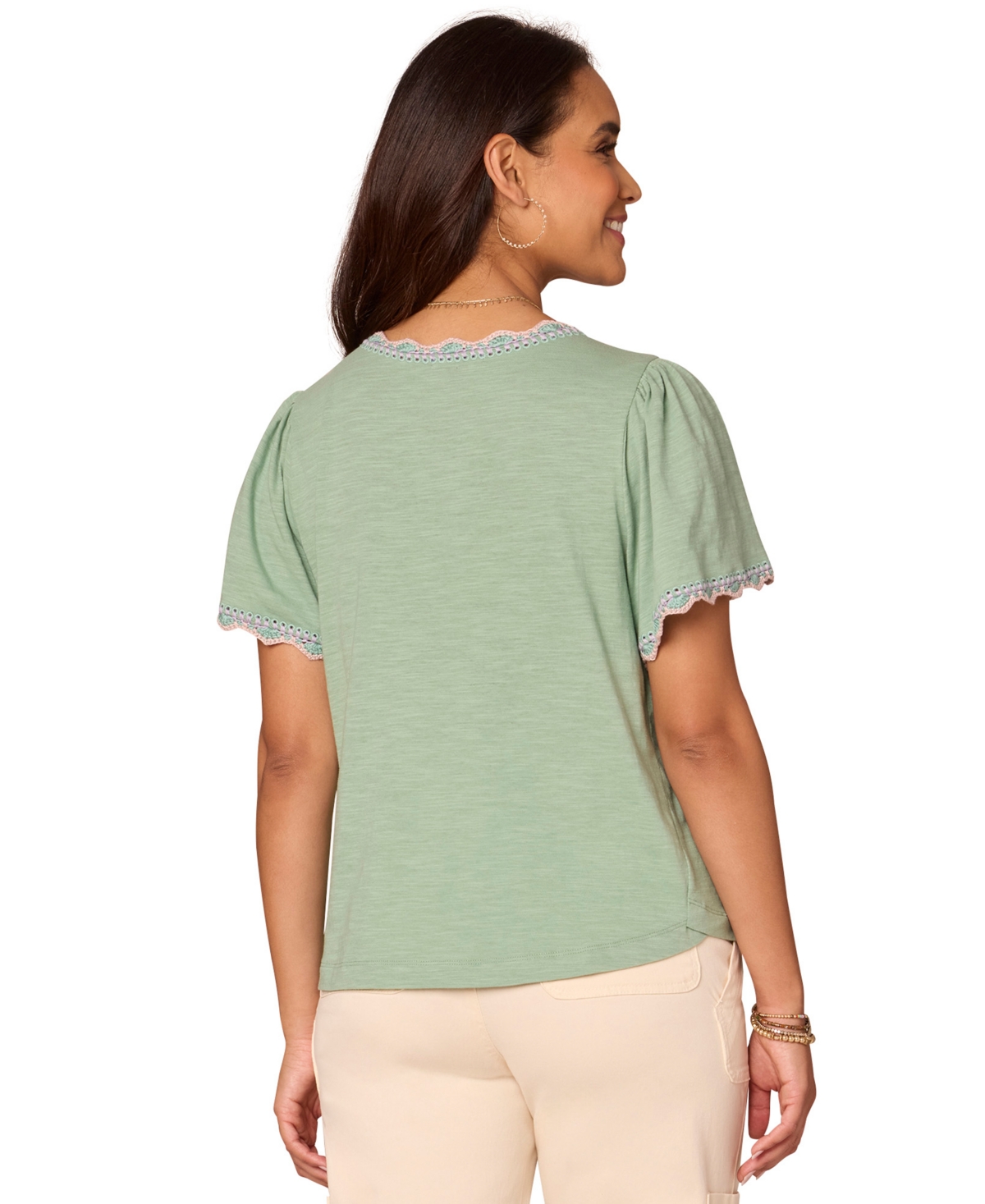Democracy Women's Petite Crochet Split V-neck Top In Green
