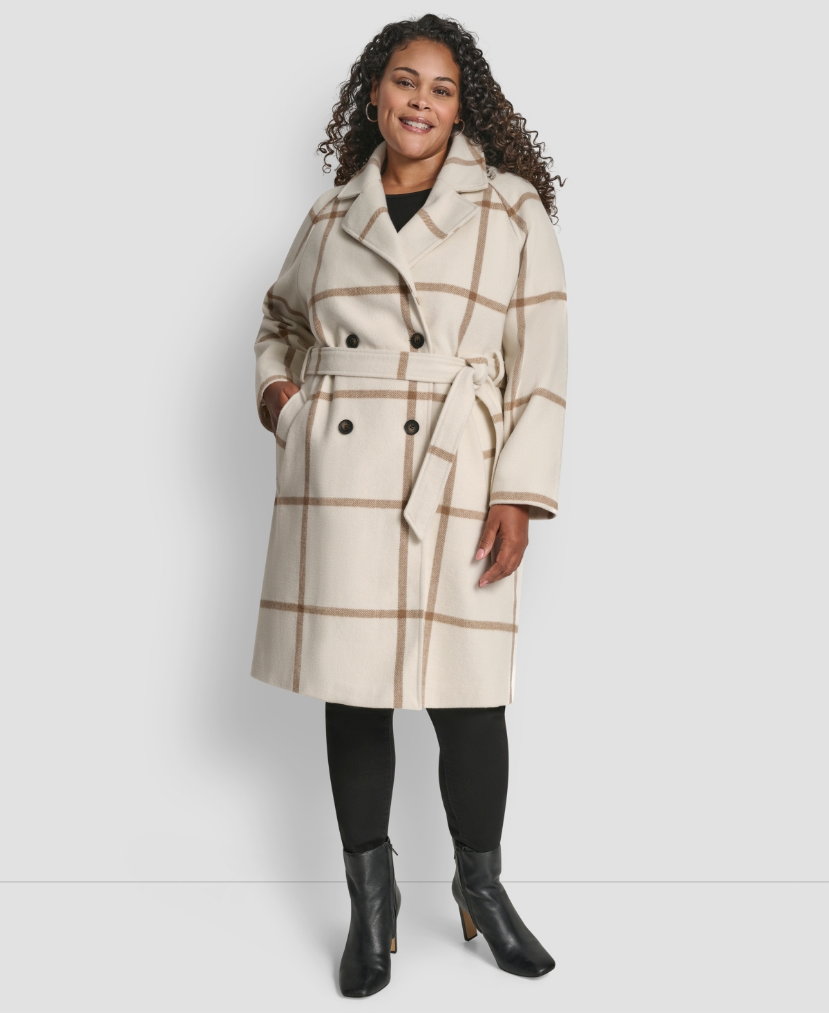 Dkny Plus Size Belted Notch Collar Coat In Neutral